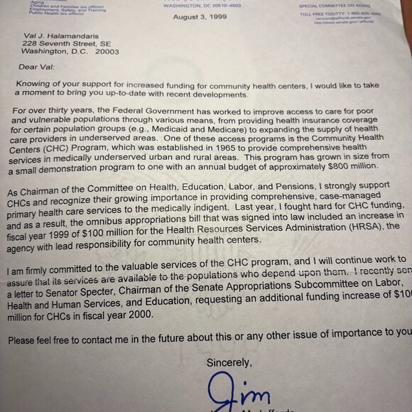 Jim Jeffords Signed Autograph Letter Feb 24 or Aug 3, 1999 – Senator Vermont - Picture 1 of 2